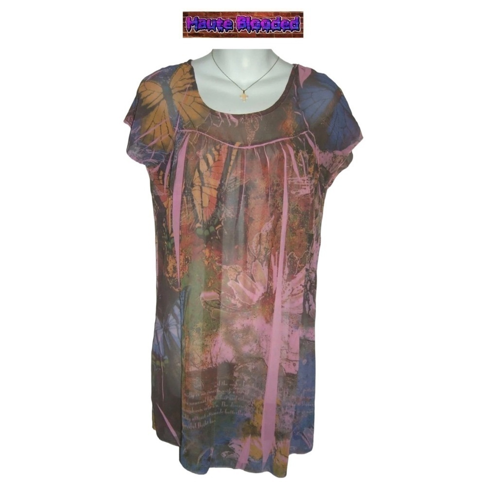 Vintage 90's Daniel Benjamin Pink Butterfly Sheer Sublimation Dress Retro y2k S